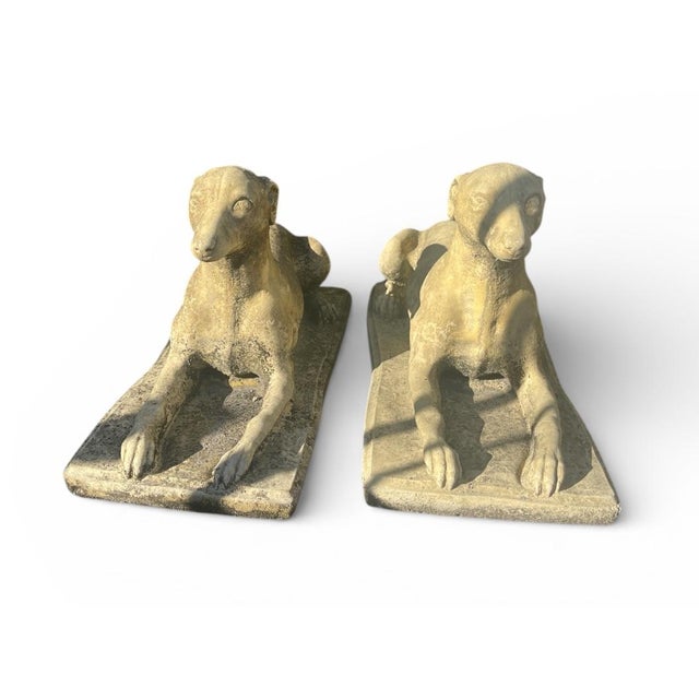 Vintage Weathered Reconstituted Stone Greyhound Statues - A Pair For Sale - Image 4 of 7