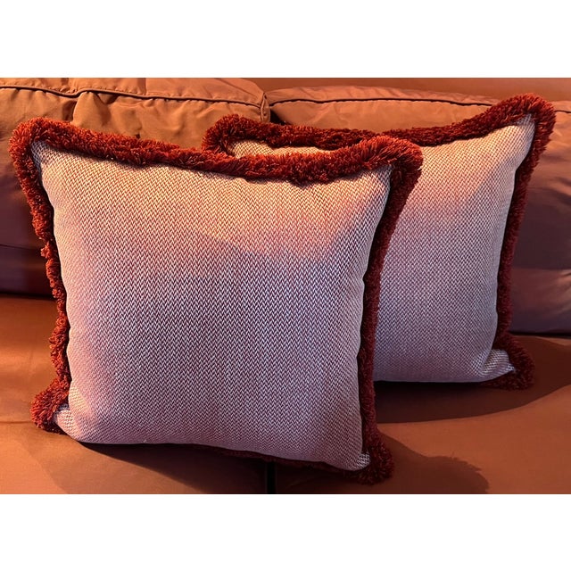 Red Custom Red & White Woven Chevron Pillows With Passementerie Fringe Trim - A Pair For Sale - Image 8 of 10