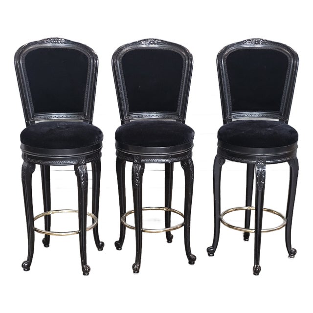 Set of 3 Casa Stradivari Ebonized Designer Swivel Counter Stools Bar Stools For Sale