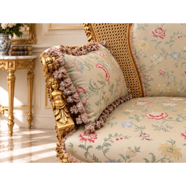1960 French Artisan Louis XVI Gold Beech Damask Settee For Sale - Image 4 of 13