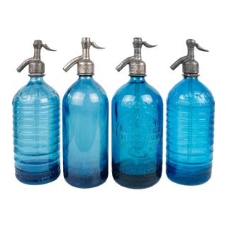 Set of 4 1930s Argentine Blue Glass Seltzer Bottles, Hand-Restored in Buenos Aires For Sale