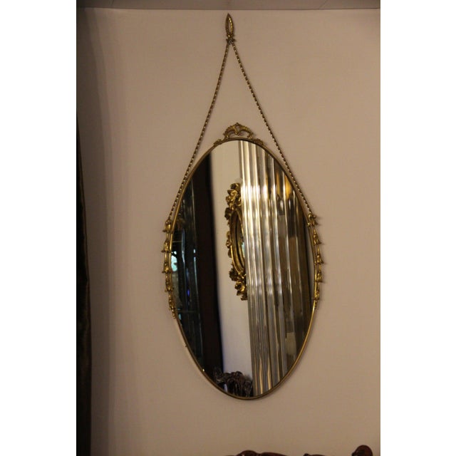 Oval Brass Wall Mirror with Neoclassical Decoration and Brass Chain, 1950s For Sale - Image 11 of 17