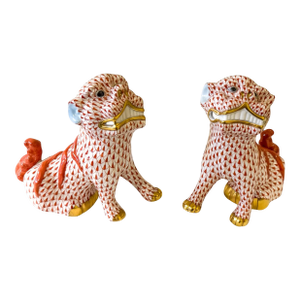 Chinese Export Style Signed Herend Rust Fishnet Porcelain Foo Dog Figurines - Pair