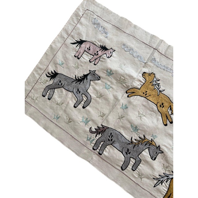 Ten Horse Suzani Wall Hanging on Linen For Sale - Image 4 of 6