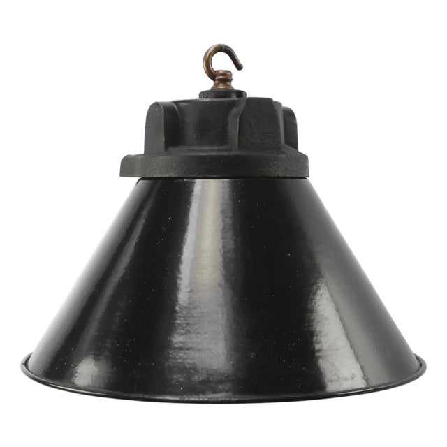 Vintage Industrial German Cast Iron, Black Enamel and Frosted Glass Pendant Light from Siemens For Sale