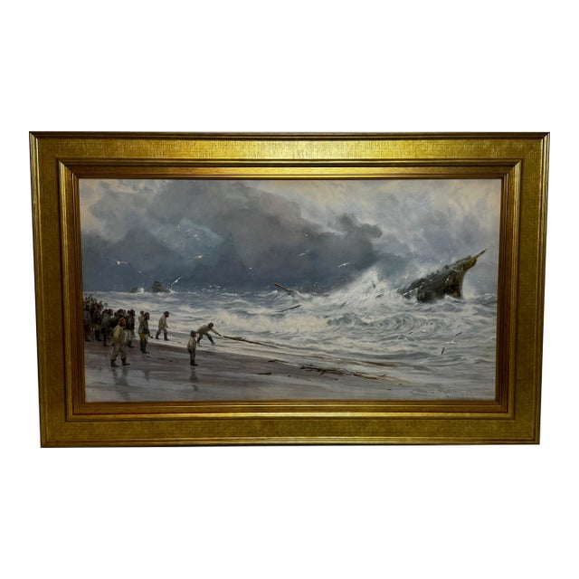 Large Gilt Framed Victorian Painting High Tide Off Trebarwith Strand Beach Dramatic Cornish Shipwreck by Charles Sim Mottram Rba, c.1894 For Sale