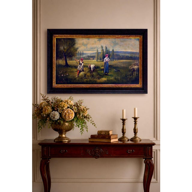 Emilio Pergola, Italian Pastoral Landscape with Figures, 1990s, Oil on Canvas For Sale - Image 4 of 7