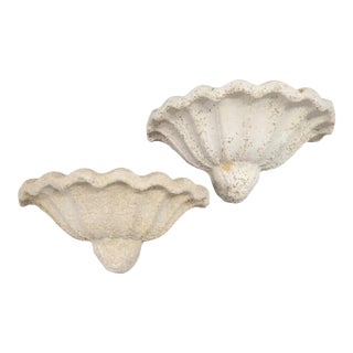 Large Vintage Real Coral Stone Coastal Regency Scalloped Clamshell Outdoor Wall Sconce Planters-a Pair For Sale