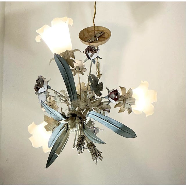 Vintage Italian Toleware Tole Style Floral Rose Chandelier With Glass Shades For Sale - Image 4 of 12