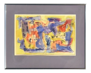 1970s Urban Abstract Cityscape Watercolor Painting by Carl E. Schwartz, Framed