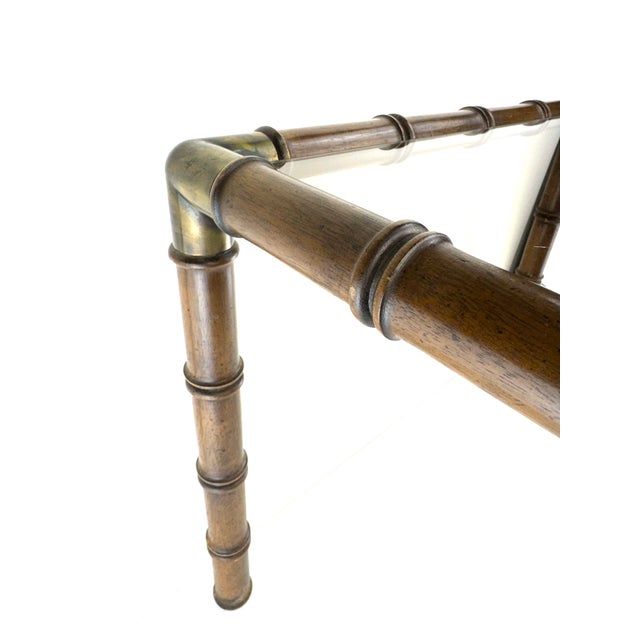 Mid-Century Modern Vintage Faux Bamboo Brass & Wood Console Table With Glass Top For Sale - Image 3 of 11