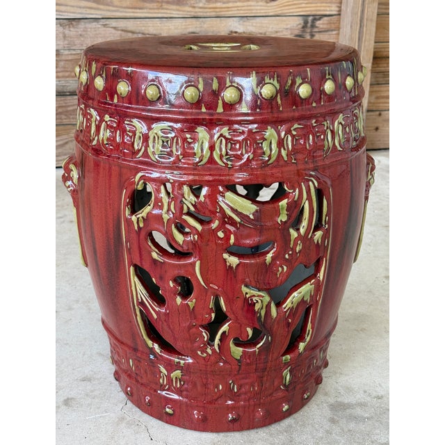 Vintage Oxblood Red Chinese Ceramic Glazed Garden Stool With Pierced Detailing For Sale - Image 12 of 12