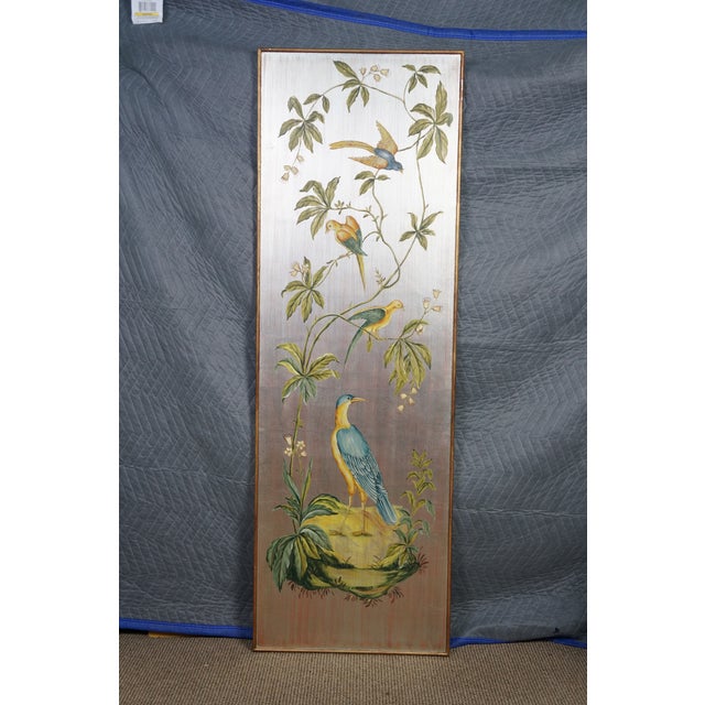 3 Chinoiserie Gold Silver Metallic Tropical Bird Crane Leaf Vine Hanging Panels 63" For Sale - Image 6 of 17