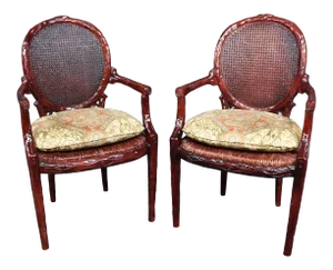 Faux Bois Carved Branch Rush Seat Arm Chairs - a Pair
