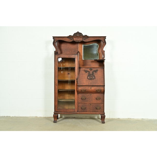 Early Baker Furniture Antique Victorian Carved Tiger Oak Side-by-Side Bookcase With Drop Front Secretary Desk, Circa 1900 For Sale - Image 17 of 17
