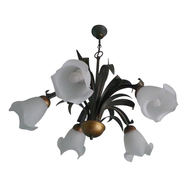 Five-Shade Chandelier in Frosted White Glass, 1970s For Sale