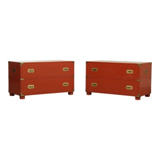 Baker Mid Century Pair Lacquered Campaign Style Chests For Sale