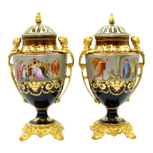 19th Century Gilt Bronze / Porcelain Urns - a Pair