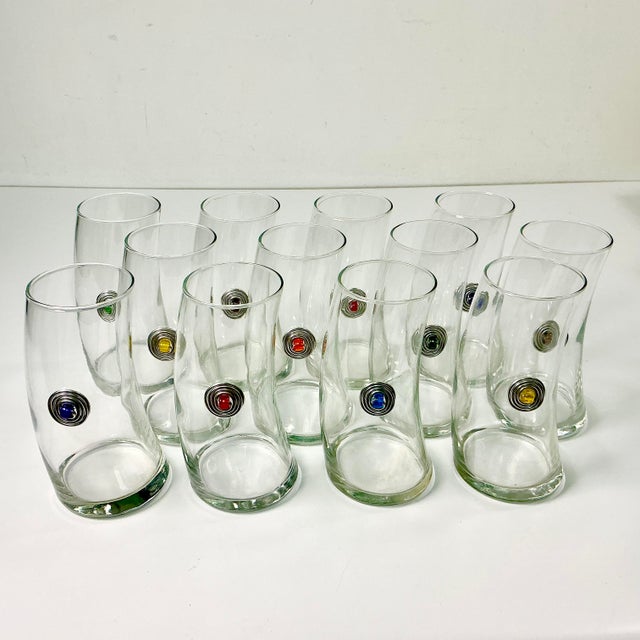 1980s Vintage Memphis Postmodern Bent Glass Sterling Medallion Tall Boy Tumblers - Set of 12 For Sale - Image 6 of 15