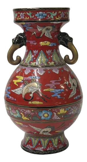 Oriental Red Elephant Heads Cranes Flower Graphic Small Porcelain Art Vase