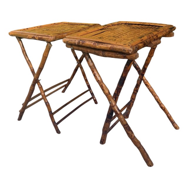 Vintage Burnt Bamboo Folding Tray Tables, a Pair For Sale