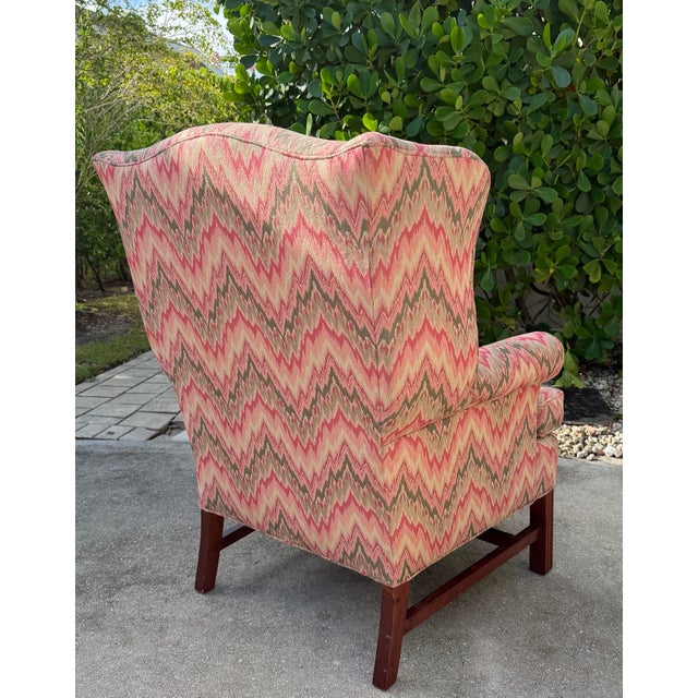 Wood Vintage American Flamestitch Wingback Chair + Ottoman For Sale - Image 7 of 11