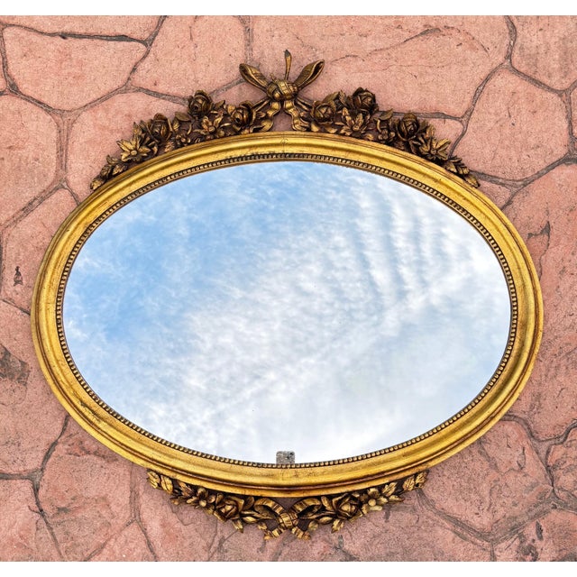 French Oval 1940s Wall Mirror With Gold Frame And Floral Decoration In Louis XVI Style For Sale - Image 3 of 8