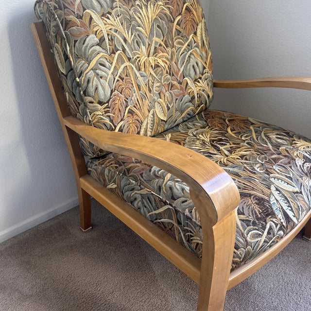 Very unique, art deco slat back chair very little wear one spot thinning on the seat no stains no tears otherwise great...