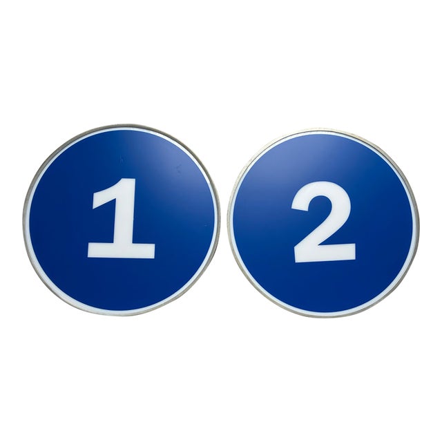 Vintage Illuminated Sign Lenses, Backlit Drive-Thru / Gas Station Pump Island Number Signs, 17-Inch Round Metal & Acrylic Signs (Pair #1 & #2) For Sale