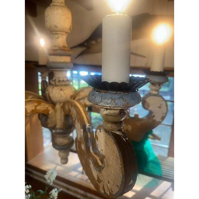 Early 20th Century Large Blue and White Chippy Wood Chandelier For Sale - Image 9 of 14