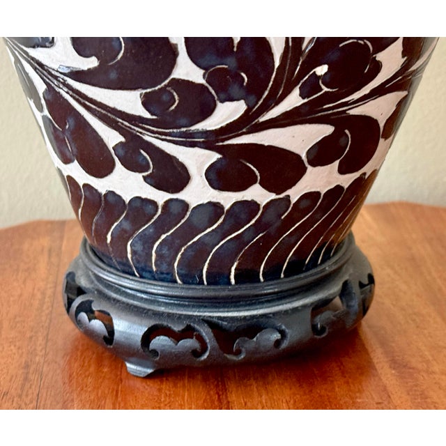 Wood Mid 20th Century Cizhou Vase Lamp on Wooden Stand For Sale - Image 7 of 8