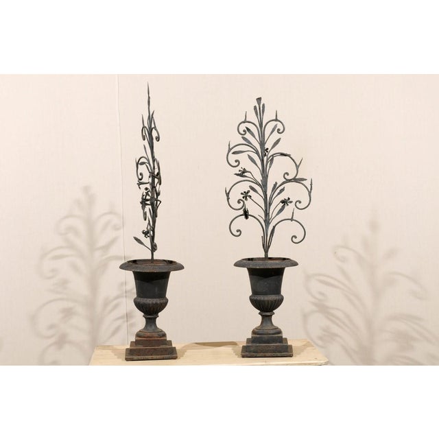 Metal 19th Century Whimsical Italian Black Metal Urn Prickets - A Pair For Sale - Image 7 of 9