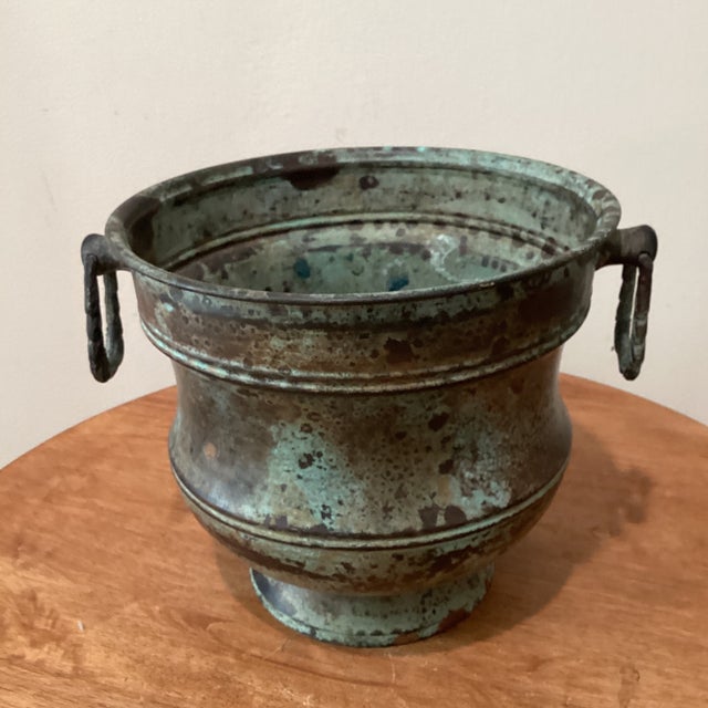 Rustic Vintage Rustic Brass Jardiniere Pot/ Planter in Verdigris Patina For Sale - Image 3 of 12