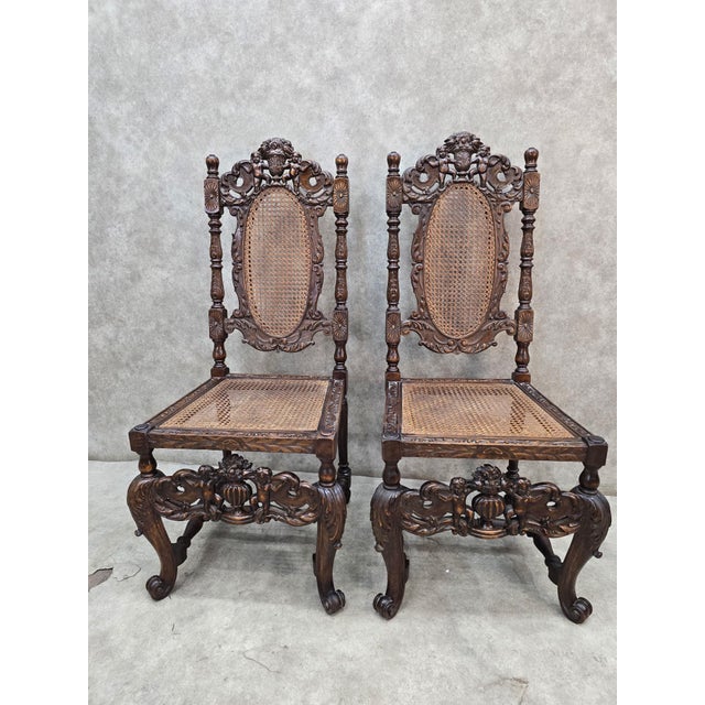 Gothic Antique Jacobean Renaissance Revival Carved Oak Cane Throne Chairs - Pair For Sale - Image 3 of 12