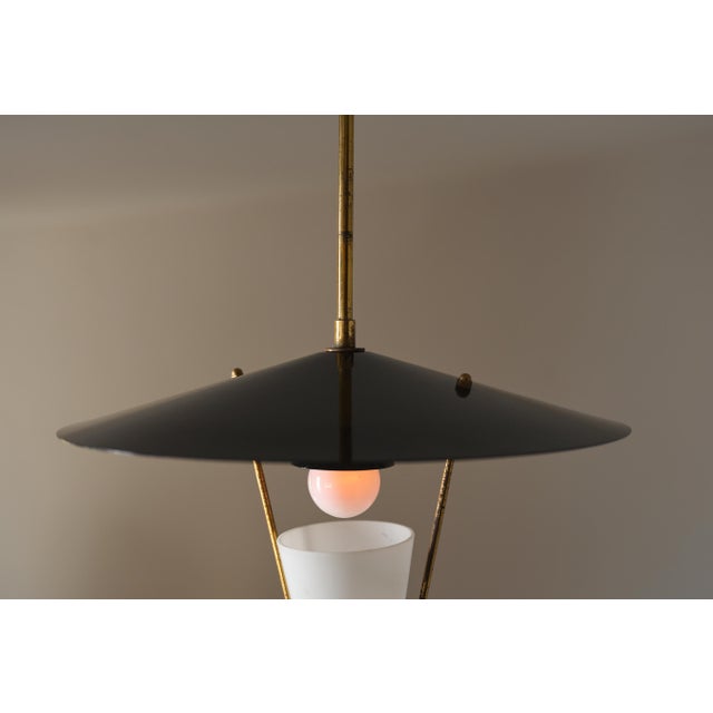 Mid-Century Modern Vintage Italian Pendant Light with Black Saucer Shade and Opaline Glass, 1950s For Sale - Image 3 of 10