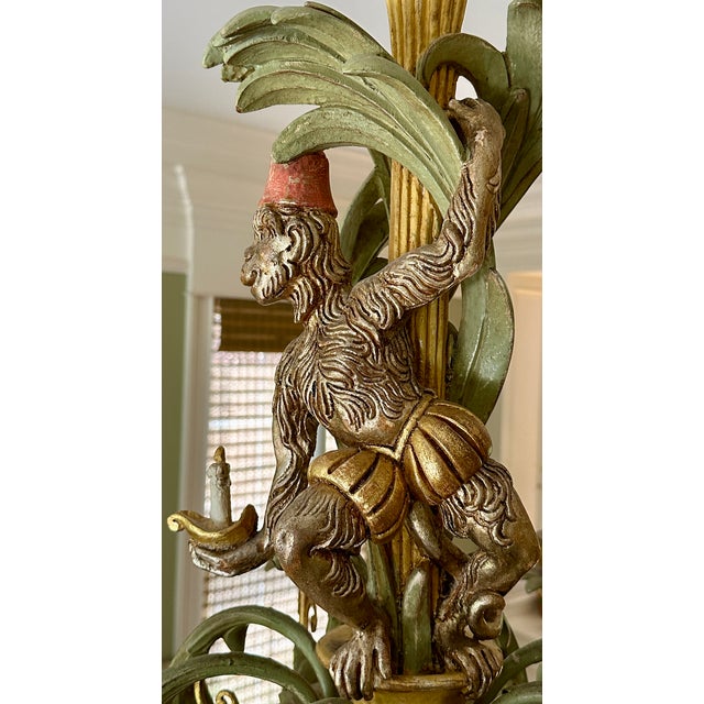 1970-80's era hand carved wood monkey chandelier made in Italy. Excellent condition. Sage green and gold with 8 candle...