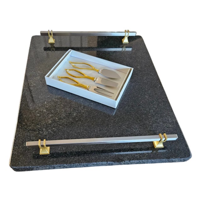 Black Stone Serving Platter With Satin Nickel & Gold Handles + 3-Piece Cheese Knife Set For Sale