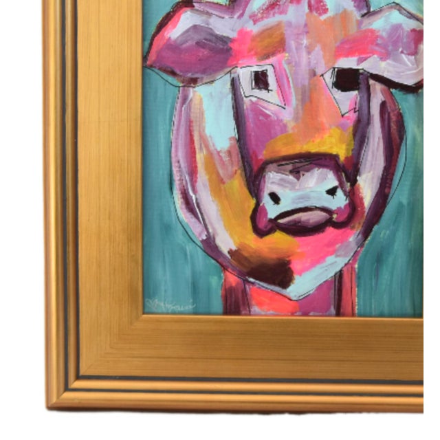 Colorful contemporary abstract cow bull portrait still life acrylic painting on stretched artist canvas. Signed by the...
