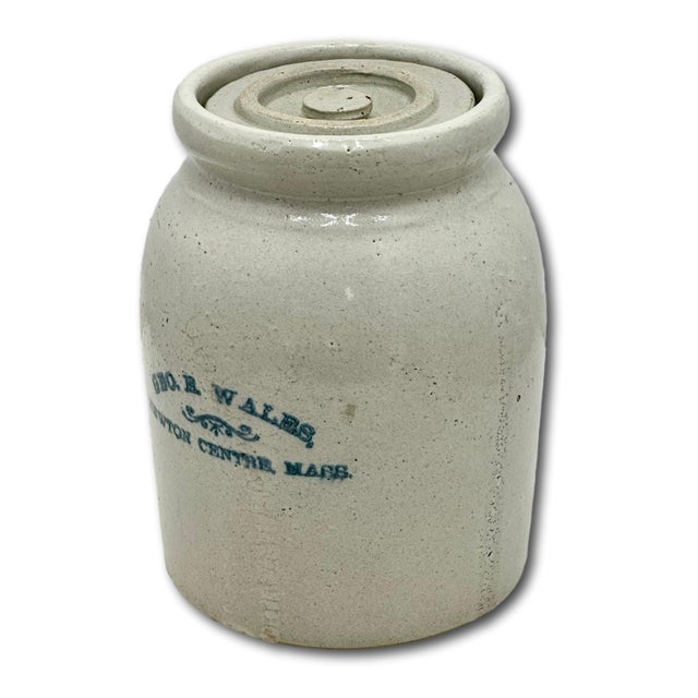 Ceramic Antique Massachusetts 1 Quart Size Stoneware Oyster Crock - Jar With Hard to Find Original Lid - Circa 1890s For Sale - Image 7 of 18