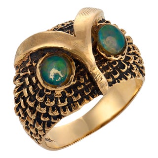 Mid Century Opal 14k Yellow Gold Owl Ring, Size 6.25 For Sale