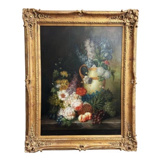 Mid 20th Century Original Oil on Canvas of Still Life With Flowers and Amphora Vase For Sale