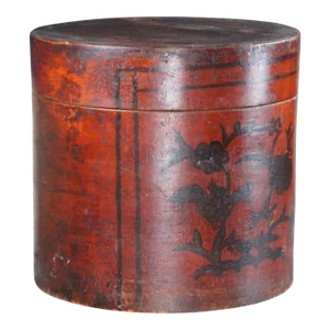 Antique Chinese Shanxi Red Lacquer Poplar Floral Painted Bentwood Hat Tea Box