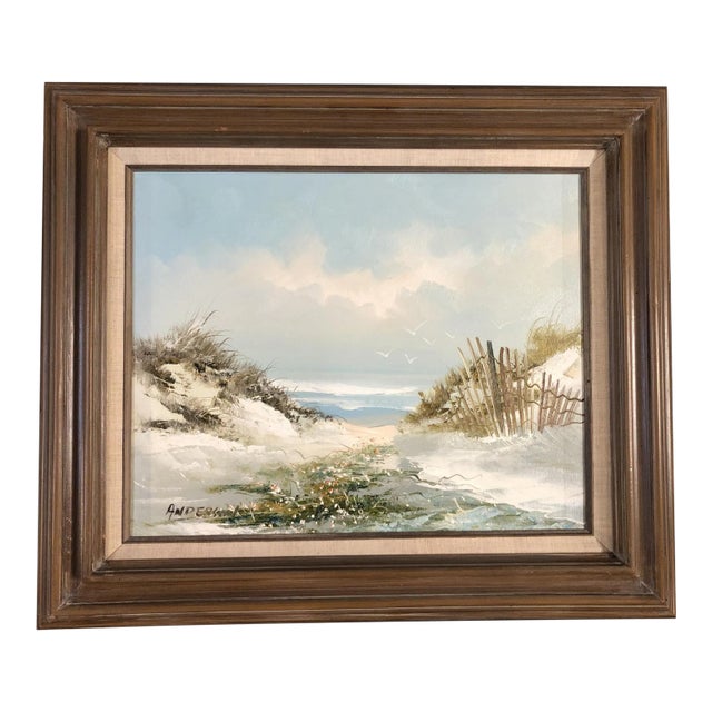 1950s Mid-Century Beach Scenic Oil on Board in Original Frame, Post War Signed For Sale