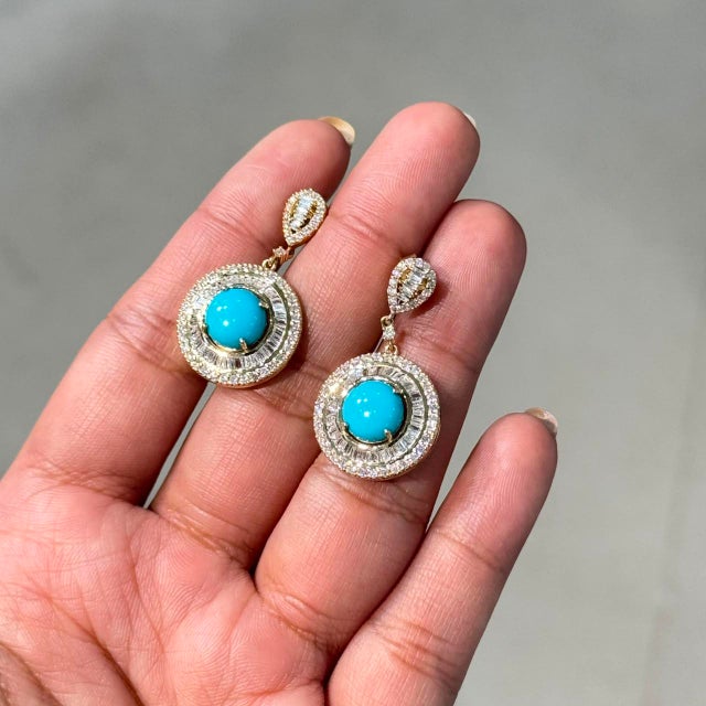 Turquoise Luxury 14k Gold Turquoise & Diamond Double Halo Drop Earrings, 3.07ct- A Pair For Sale - Image 8 of 14