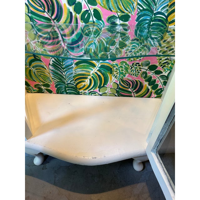 Vintage White Wooden Short Light Up Glass Display Cabinet With Tropical Wallpaper Background For Sale - Image 10 of 11