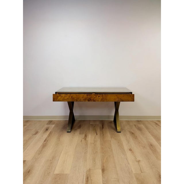 Wood Vintage John Stuart MCM Burlwood Executive Desk Bronze Legs Glass Top Collectable For Sale - Image 7 of 13
