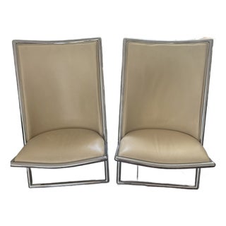 Pair of Original Ward Bennett Scissor Chairs – Almond Leather & Chrome For Sale