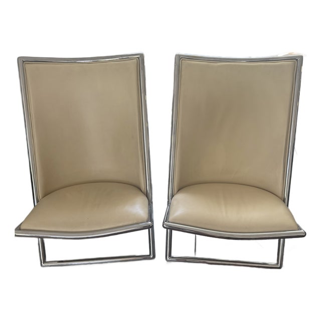 Pair of Original Ward Bennett Scissor Chairs – Almond Leather & Chrome For Sale