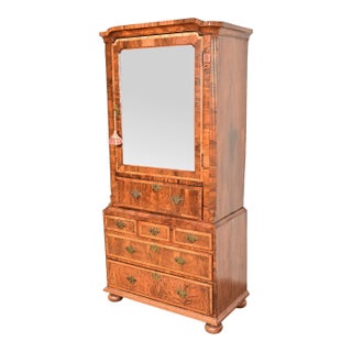 18th Century Antique English William & Mary Banded Walnut Mirror Front Secretary Desk With Bookcase Hutch For Sale