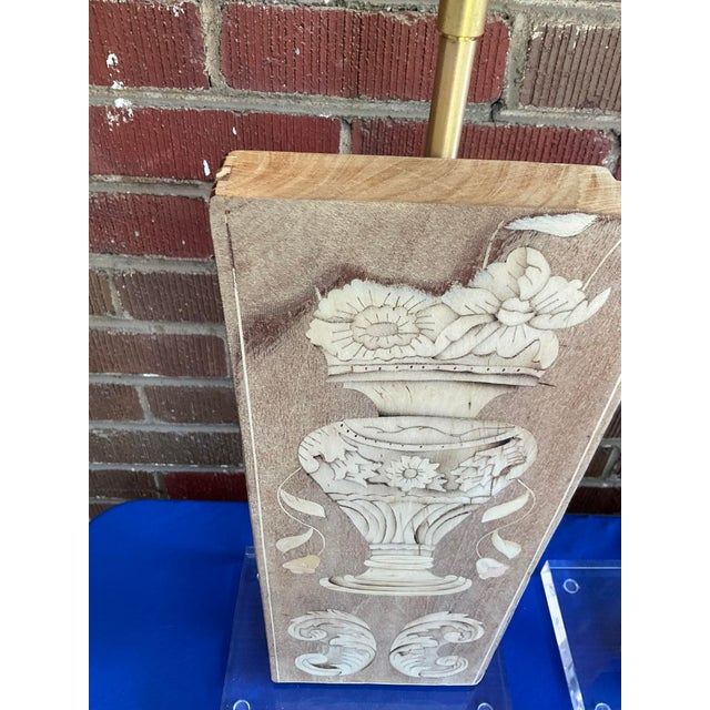 Pair Antique Bleached Marquetry Architectural Fragment Lamps W/Lucite Bases For Sale - Image 4 of 9